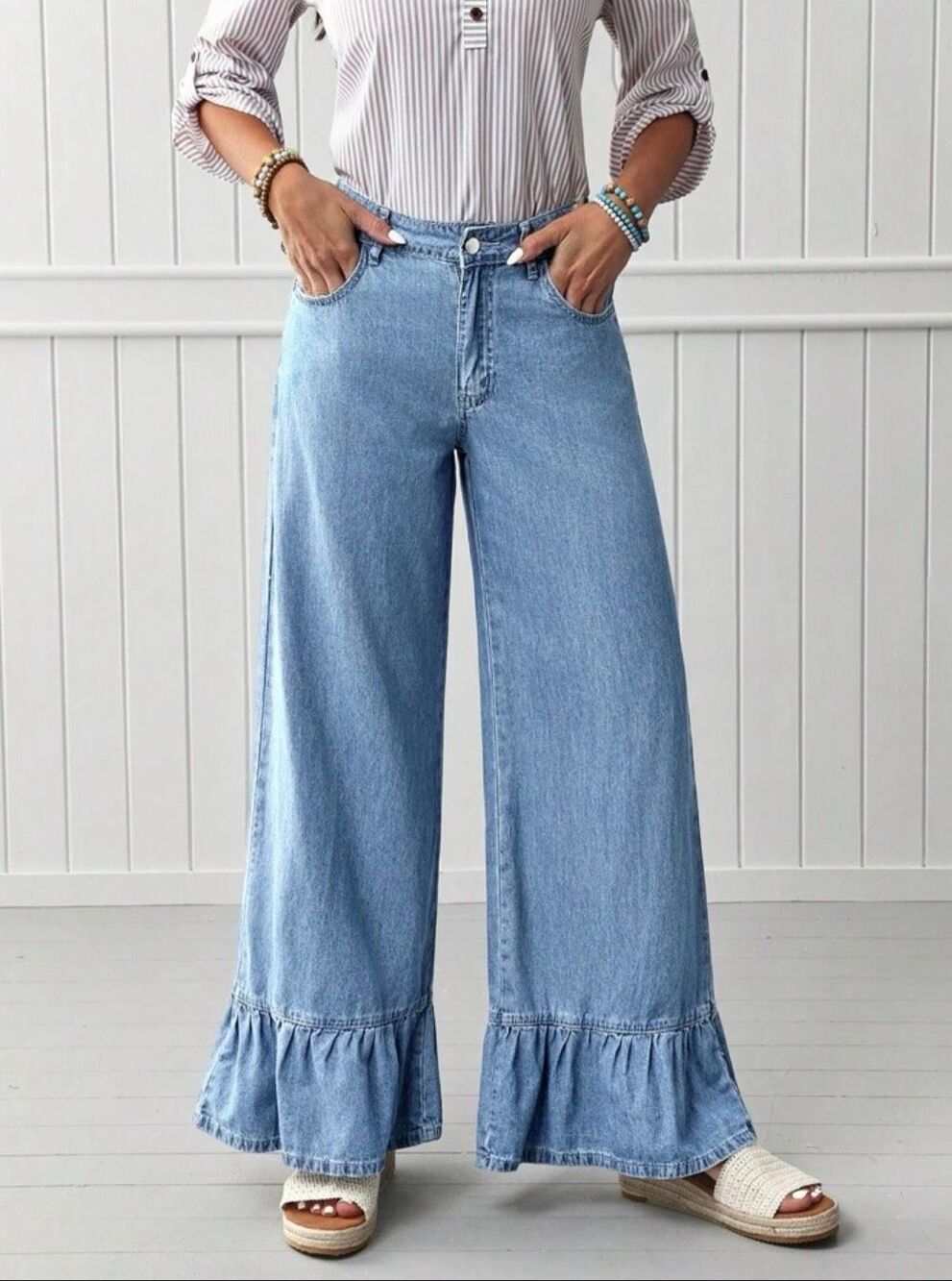 Light Wash Wide Leg Jeans Womens Ruffled Hem High Rise Denim Pants Trendy - Picture 4 of 8